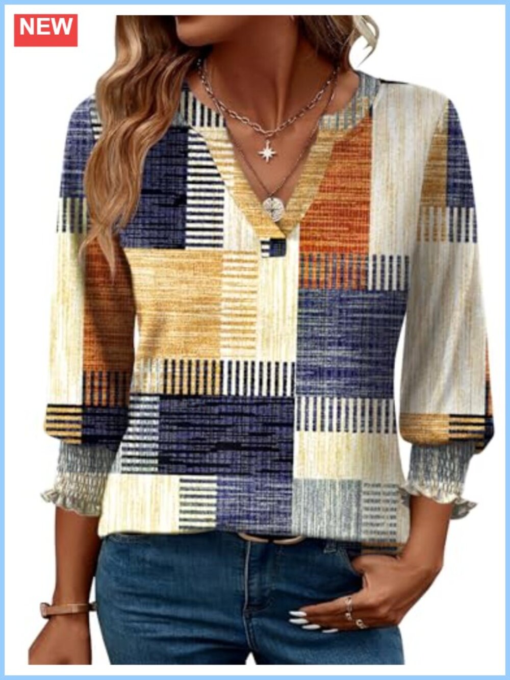 Women's 3/4 Sleeve V-Neck Ruffle Cuff Blouse Business Casual Tunic